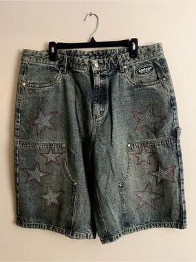 Watson Studio Star-Embellished Acid Wash Denim Shorts - Grey Size 38